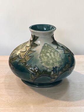 Vintage Moorcroft Art Pottery Vase – Banksia Pattern - Green Floral Tube-Lined